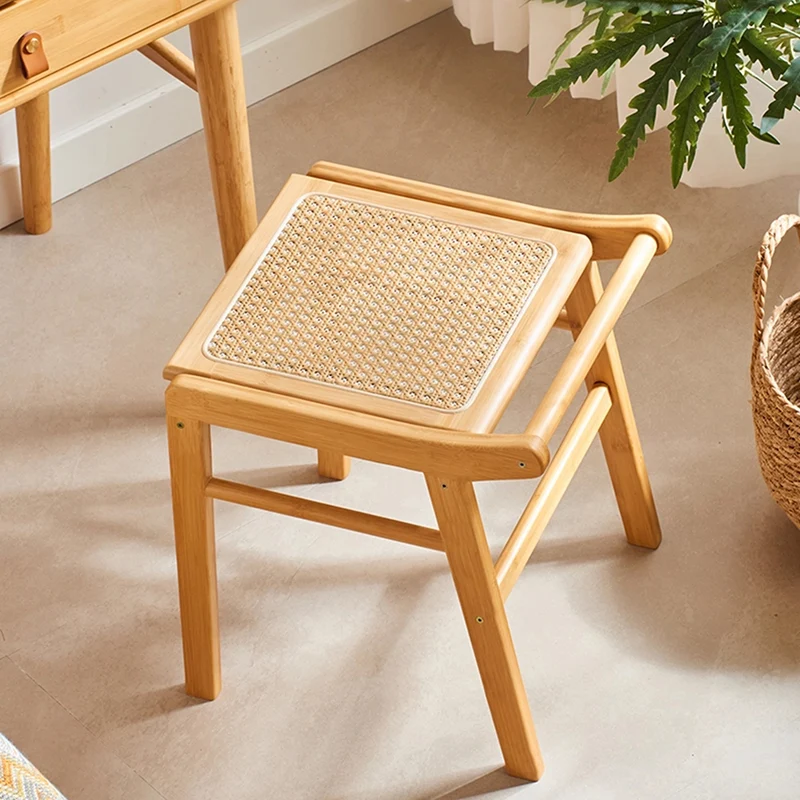 Traditional Japanese Trapezoid Nan Bamboo Resin Rattan Weaving Vanity Stool Backless Armless For Bedroom