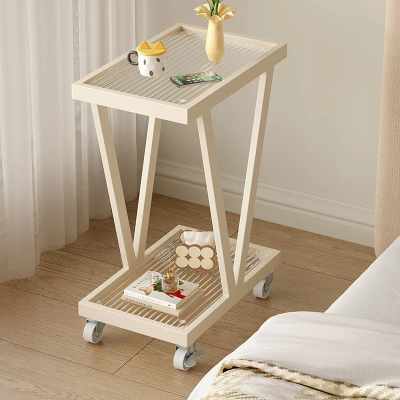 Contemporary Industrial Slim Rectangular Carbon Steel Glass Movable End Table 2-Tier For Living Room
