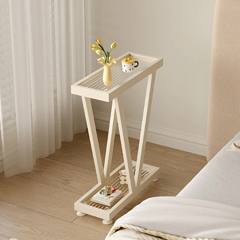 Contemporary Industrial Slim Rectangular Carbon Steel Glass End Table 2-Tier Design For Living Room