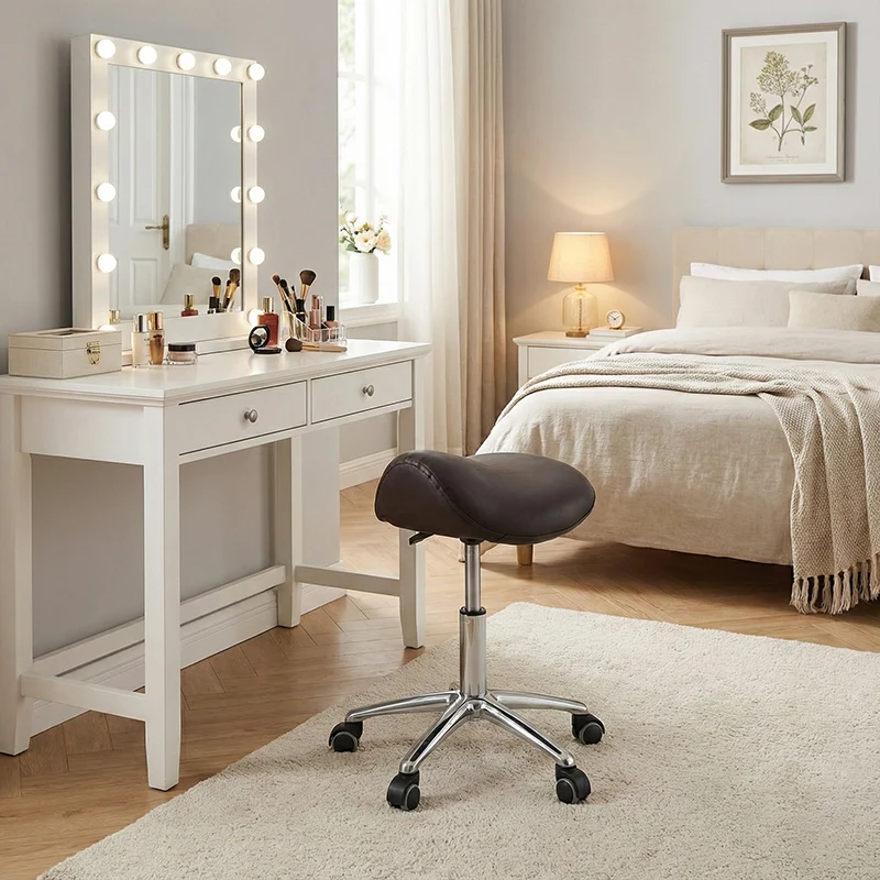 Modern Minimalist Curved PU Leather Iron Sponge Vanity Stool Movable For Bedroom