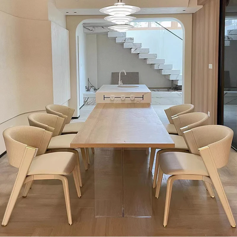 Modern Minimalist Curved PU Leather Solid Wood Sponge Stainless Steel Dining Chair Backrest For Dining Room