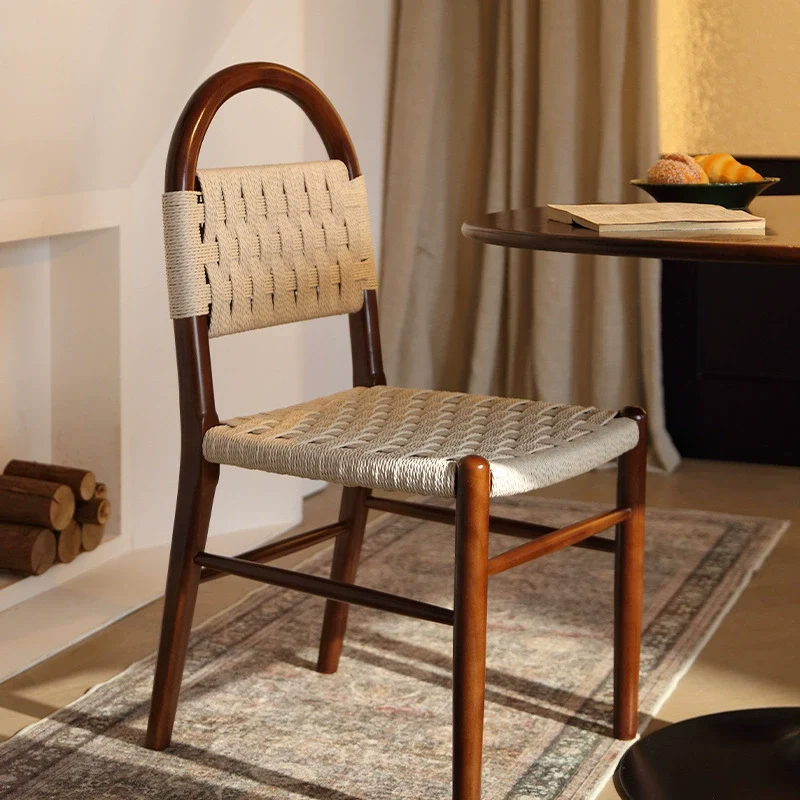 Contemporary Retro Square Rectangular Rubberwood Kraft Paper Rope Weaving Dining Chair Backrest Armless For Dining Room & Kitchen