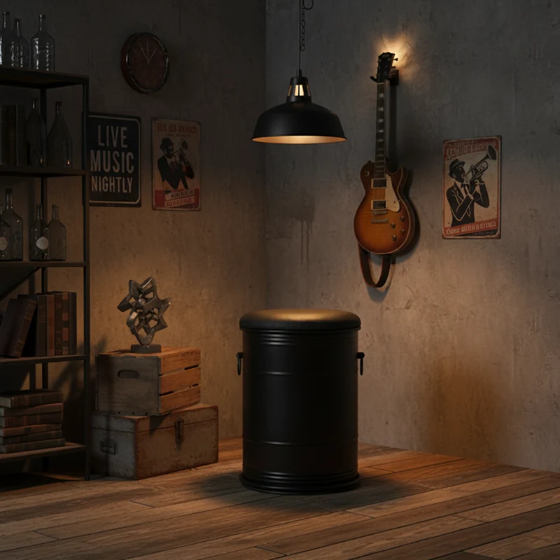 Contemporary Industrial Paint Can Design Iron PU Leather Stool For Living Room