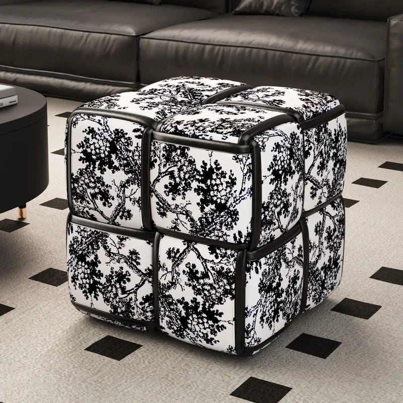 Modern Minimalist Square Wood Flannelette Faux Leather Sponge Low Stool Backless Armless For Living Room