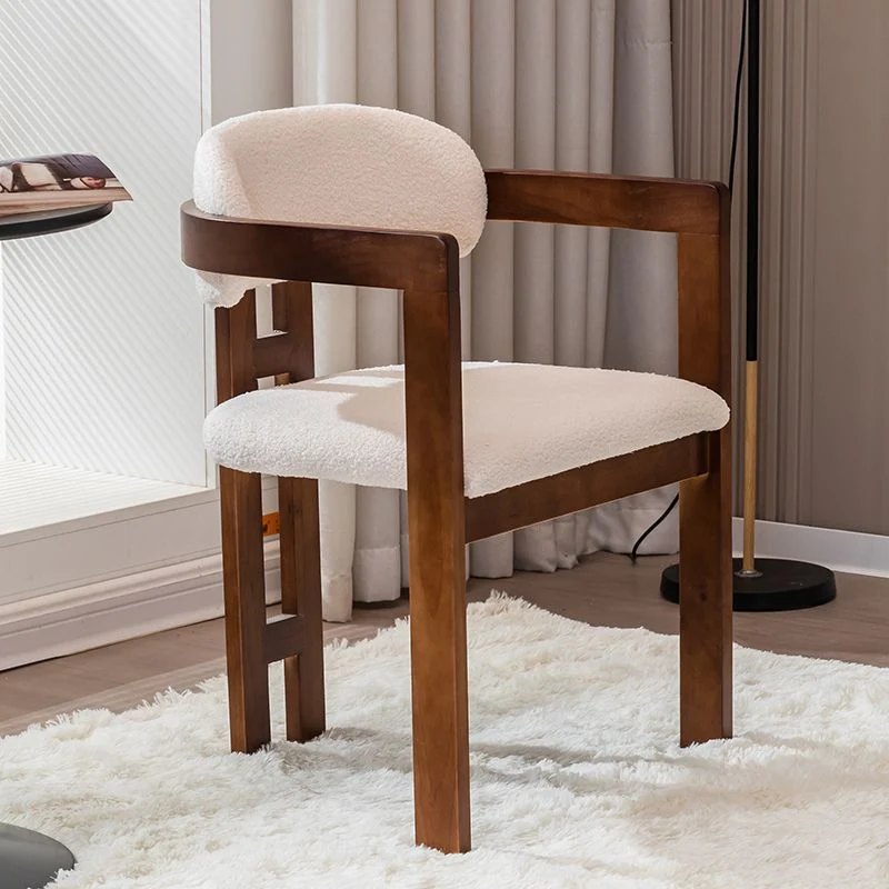 Traditional Vintage Curved Solid Wood Sherpa Fabric PU Leather Sponge Dining Chair Backrest Armrest For Dining Room