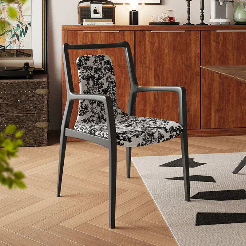 Traditional Chinese Solid Wood Jacquard Fabric Rectangular Dining Chair Backrest Armrest For Dining Room & Kitchen
