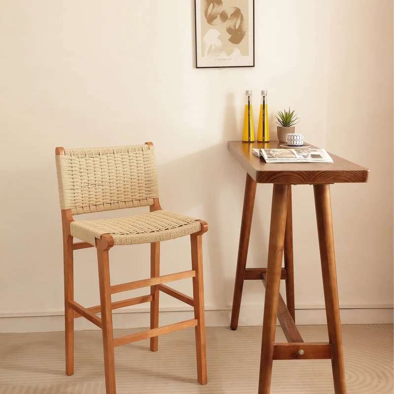 Traditional Japanese Rectangular Kraft Rope Solid Wood Bar Stool Backrest Armless For Dining Room & Kitchen