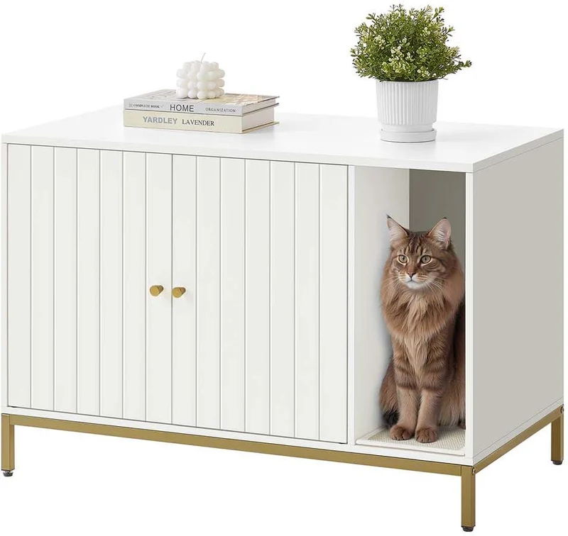 Maison de toilettes pour chat avec tapis à griffer design moderne 90 x 48 x 61,5 cm en aggloméré blanc 12_0012027