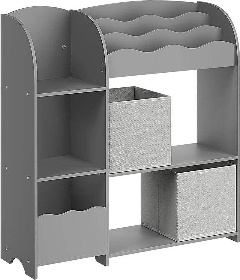 Étagère de rangement pour enfants bibliothèque 30 x 93 x 100 cm avec 2 boîtes de rangement ambiance cosy en panneau d'aggloméré gris tourterelle 12_0011691