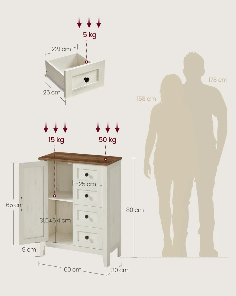 Armoire de rangement avec portes coulissantes cuisine salle à manger 30 x 60 x 80 cm style ferme en aggloméré blanc rustique 12_0012463