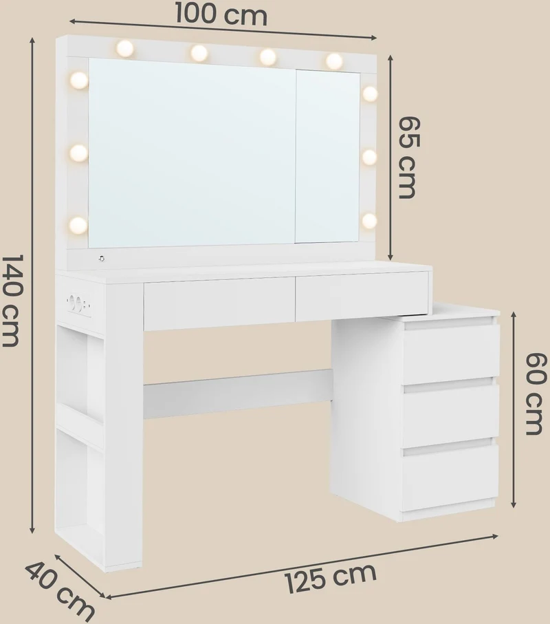 Coiffeuse avec miroir LED et 5 tiroirs design moderne 40 x 125 x 140 cm ambiance cosy en panneaux d’aggloméré blanc 12_0013179