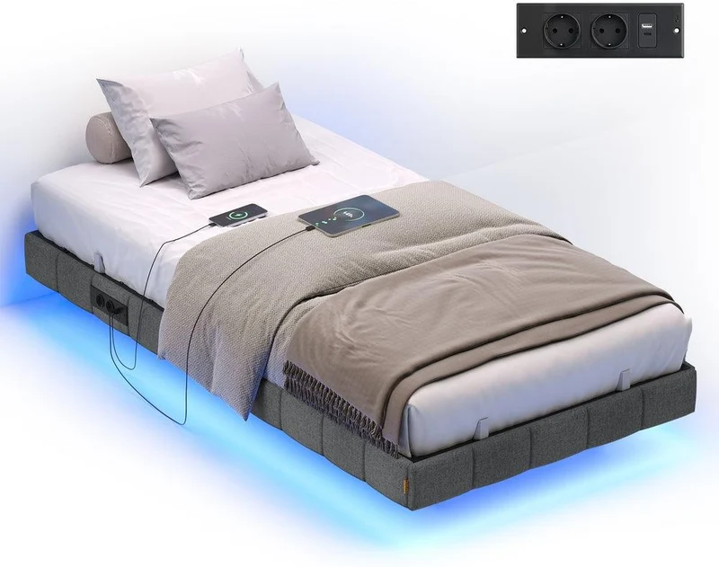 Lit flottant 140 x 190 cm avec éclairage LED ambiance cosy en mousse gris ardoise 12_0012898