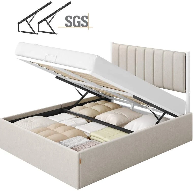 Lit coffre moderne 198,8 x 143,4 x 110 cm avec rangement intégré système hydraulique chic en tissu imitation lin beige cappuccino 12_0012757