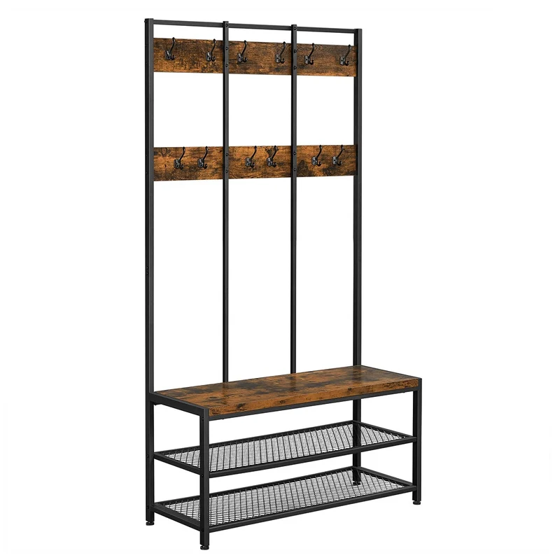 Porte-manteaux avec banc à chaussures 100 x 40 x 184 cm capacité 90 kg style industriel déco entrée en aggloméré brun 12_0008346