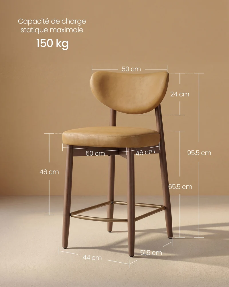 Lot de 2 tabourets de bar ergonomiques avec dossier 50 x 51,5 x 95,5 cm en bois d'hévéa marron caramel 12_0013128