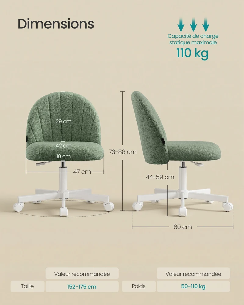 Chaise de bureau hauteur réglable ergonomique 60 x 60 x 70,5-83,5 cm en tissu peluche vert 12_0012792