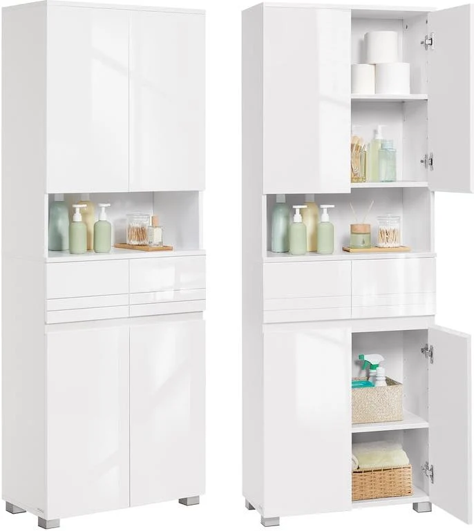 Armoire colonne de salle de bain avec tiroir et étagères réglables 30 x 60 x 170 cm en MDF blanc 12_0012758