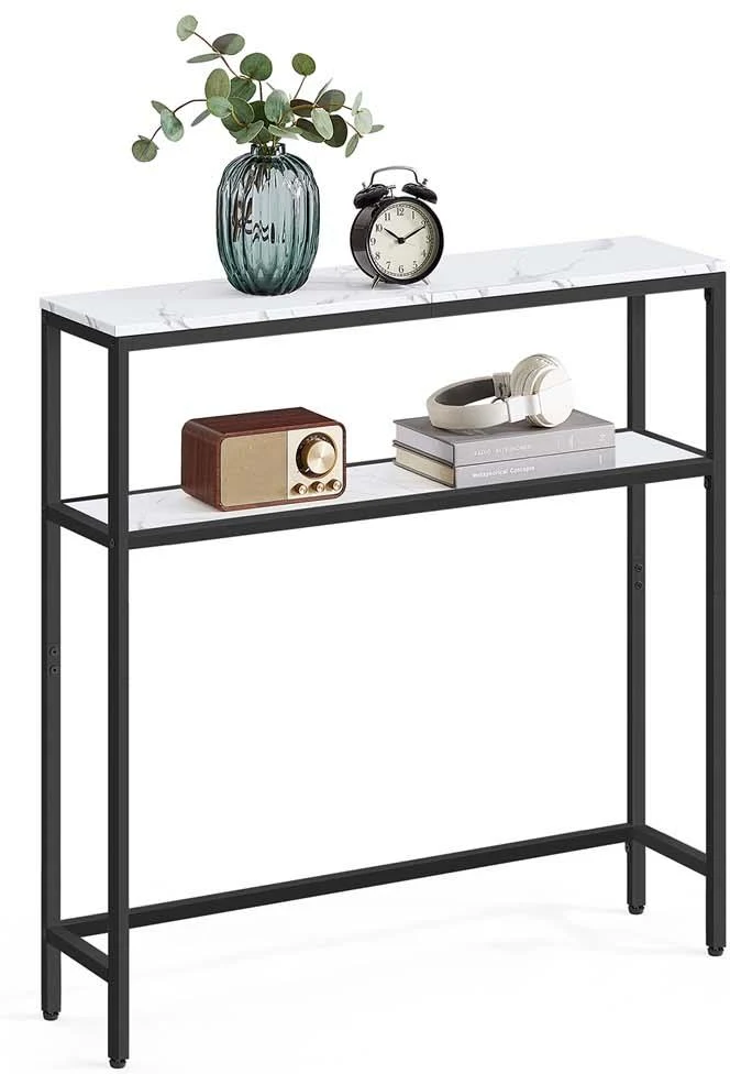 Table de salon fine à 2 niveaux 20 x 120 x 80 cm avec 2 étagères design contemporain pour salon chambre en aggloméré blanc marbré 12_0011825