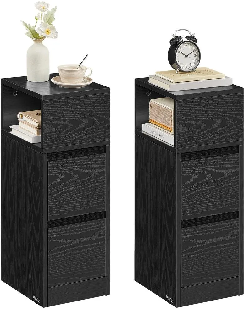 Lot de 2 tables de chevet étroites avec 2 tiroirs et compartiment ouvert pour chambre salon 30 x 25 x 65 cm en panneau MDF noir 12_0011557
