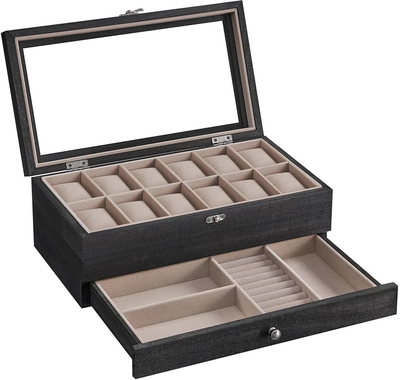 Boîte à montres 8 emplacements avec coussinets doublure velours 19 x 34 x 12,5 cm style élégant finition mate en bois noir 12_0010504