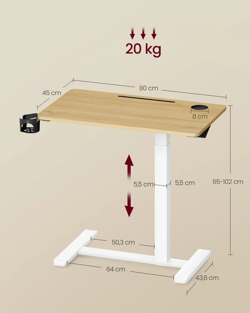 Bureau assis-debout mobile réglable 80 x 45 x 65-102 cm avec 2 porte-gobelets ambiance moderne en acier doré chêne 12_0012925