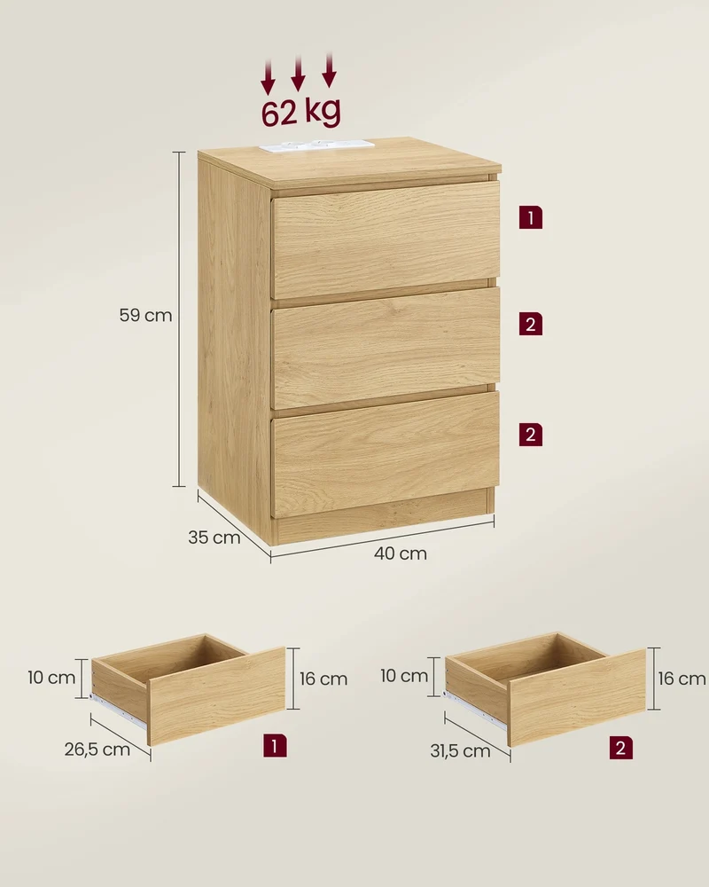 Table de chevet moderne avec 3 tiroirs et 2 prises USB 35 x 40 x 59 cm en panneau d'aggloméré jaune paille 12_0012045