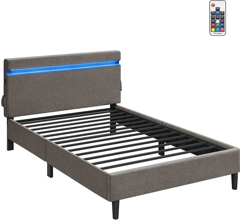 Lit double moderne avec tête de lit et éclairage LED 207,8 x 145,4 x 99,4 cm en acier gris foncé 12_0011229