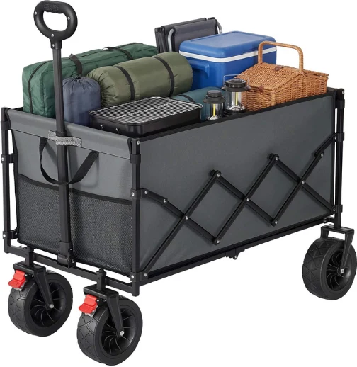Chariot de transport pliable extérieur jardin 55 x 91 x 98 cm capacité 200 L 4 roues robustes en plastique gris tourterelle 12_0012791