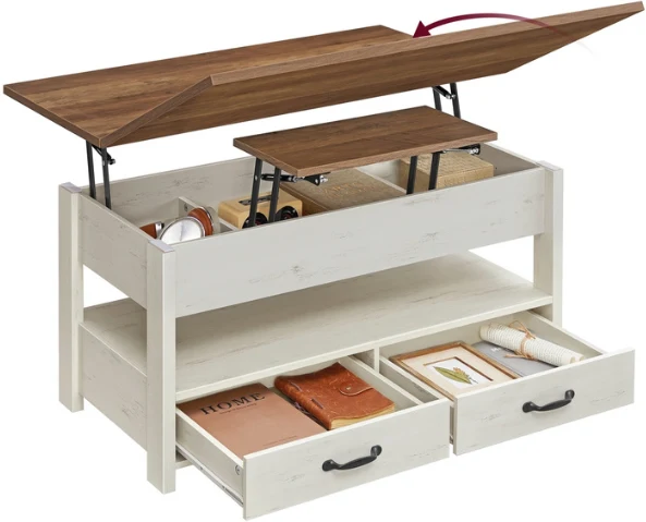 Table basse relevable avec 2 tiroirs et 3 compartiments pour salon bureau 50 x 100 x 49,1/64,1 cm en aggloméré marron miel 12_0012467