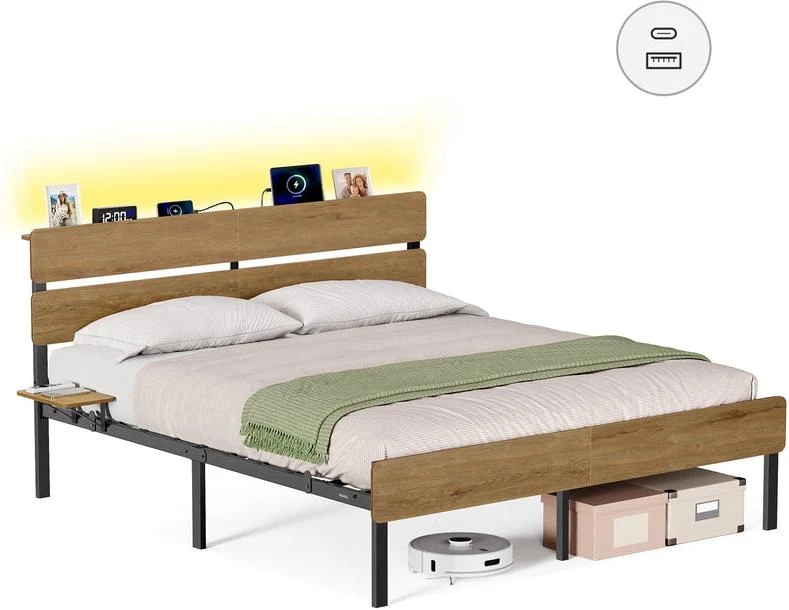 Lit 1 personne avec rangement et éclairage LED 215 x 167 x 100,3 cm style industriel en panneau d'aggloméré marron 12_0012175