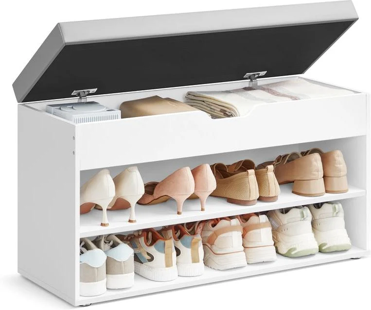 Banc à chaussures avec assise rembourrée et 3 compartiments 30 x 80 x 44 cm pour entrée moderne en aggloméré blanc 12_0011737