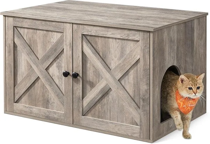 Maison de toilette pour chat 80 x 53 x 50 cm avec séparateur intérieur style rustique ambiance cosy en aggloméré grège 12_0009272