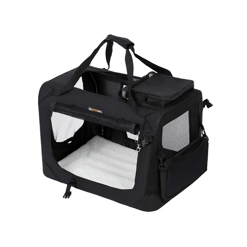 Cage de transport pliable pour animaux domestiques 60 x 40 x 40 cm avec matelas confortable en tissu oxford bleu foncé 12_0008445