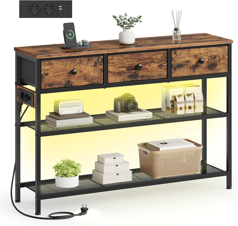 Table console moderne avec éclairage LED 98,8 x 30 x 78,7 cm 2 tiroirs style rustique en panneau d'aggloméré marron 12_0013186