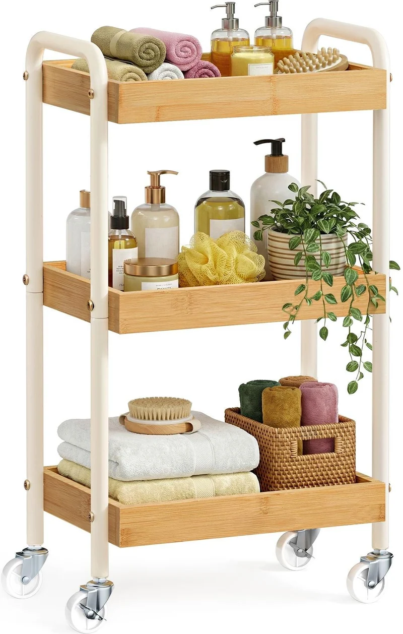 Chariot de rangement à roulettes étagère de cuisine 27,5 x 41,3 x 73 cm pratique style rustique en acier beige 12_0013076