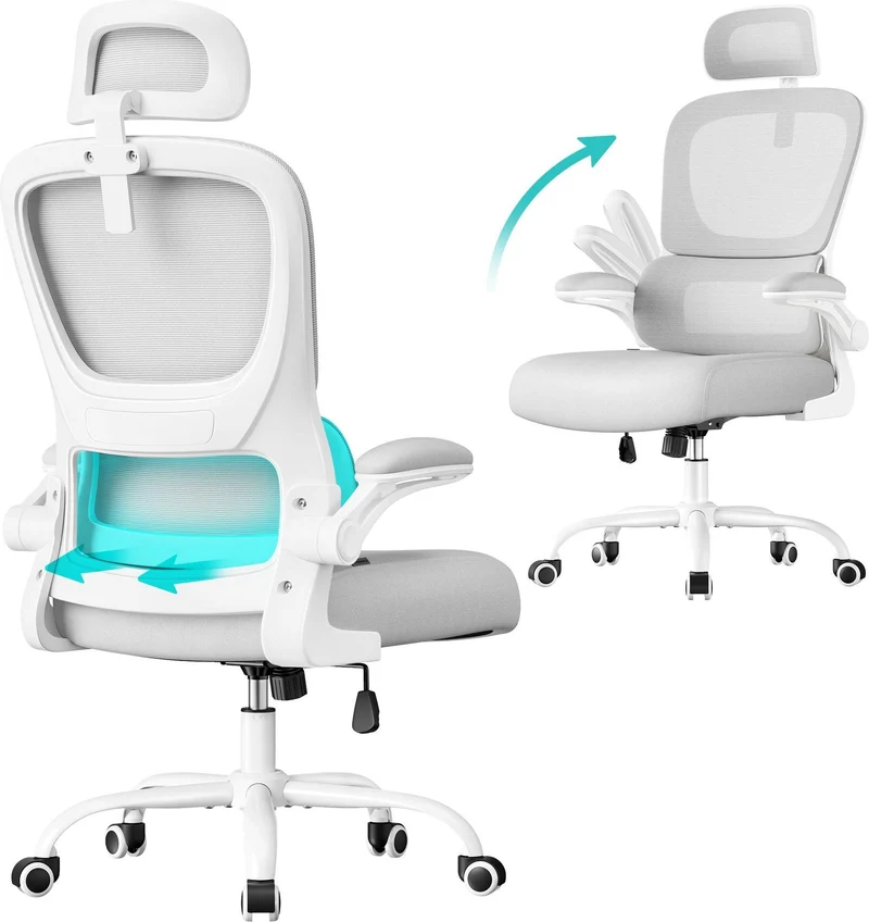 Chaise de bureau ergonomique avec accoudoirs rabattables et soutien lombaire 64 x 71,5 x 135 cm en polyester gris tourterelle 12_0012928