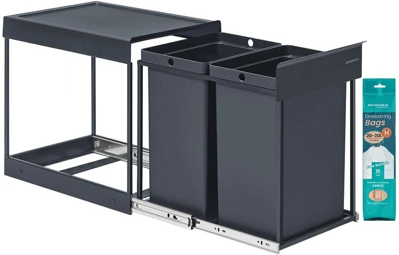 Poubelle de tri sélectif extractible coulissante 48,6 x 36,2 x 44 cm 2 seaux de 20 L design moderne en acier gris 12_0012677
