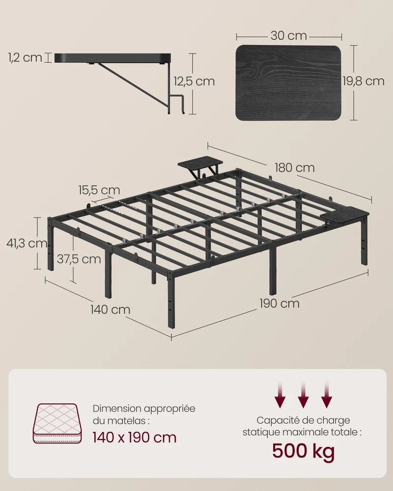 Lit double avec rangement adapté pour matelas 190 x 140 cm 41 cm en métal noir 12_0010209