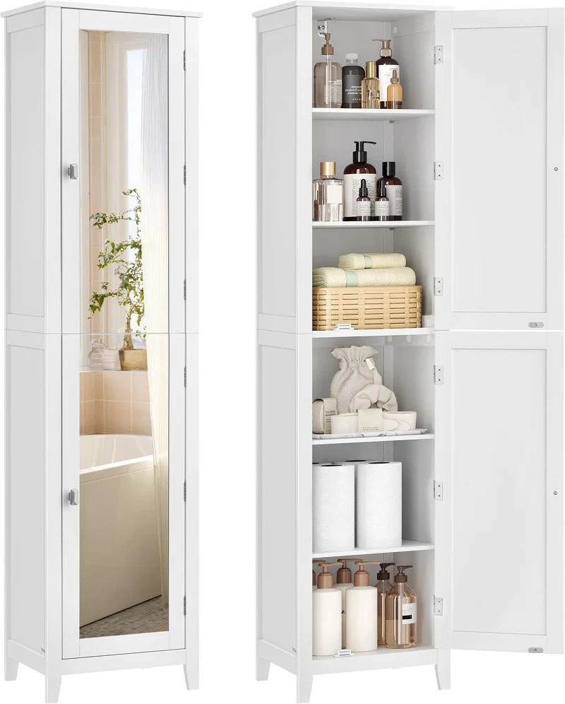 Armoire de salle de bain avec miroir pleine longueur 30 x 40 x 160 cm gain de place style moderne en MDF blanc 12_0012669