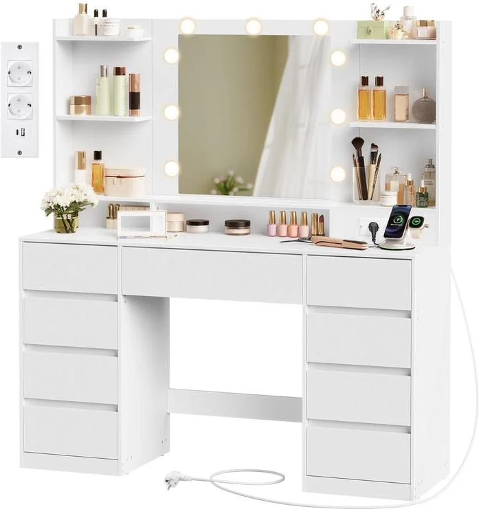 Coiffeuse avec miroir éclairage LED 40 x 107 x 144 cm rangement bijoux 9 tiroirs design moderne en aggloméré blanc 12_0012228