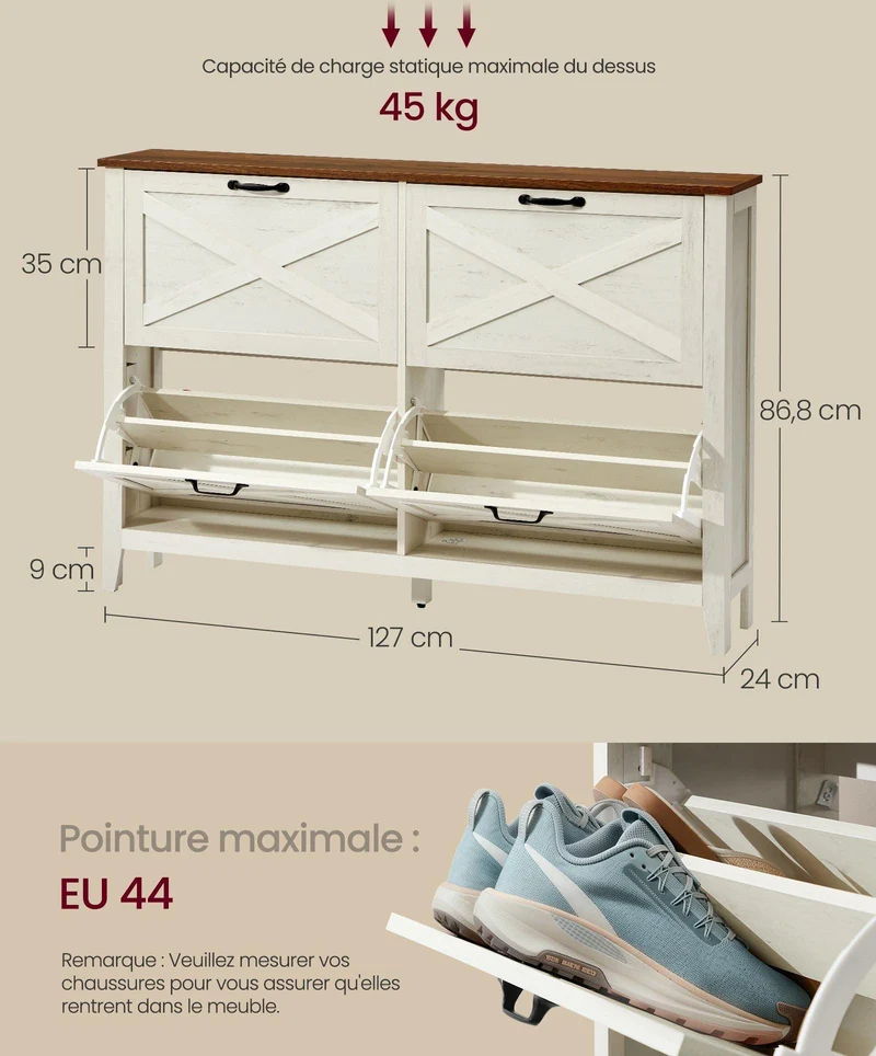 Meuble à chaussures étroit pour entrée rangement 24 x 127 x 86,8 cm capacité 18 à 24 paires style campagne en MDF blanc 12_0012116