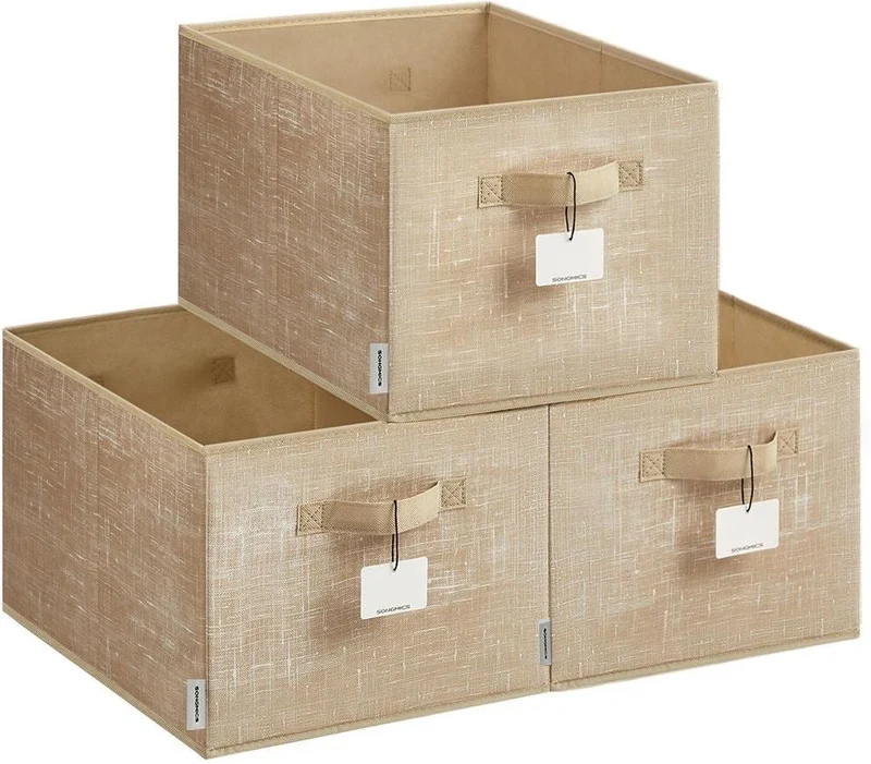 Lot de 3 paniers de rangement pliables 40 x 30 x 24 cm avec 2 poignées style moderne déco chambre en tissu beige 12_0011241