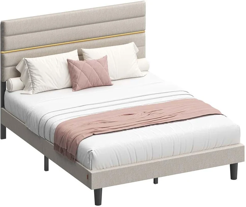 Lit double moderne avec tête de lit rembourrée ajustable 192 x 140 x 110 cm en acier beige cappuccino 12_0012062