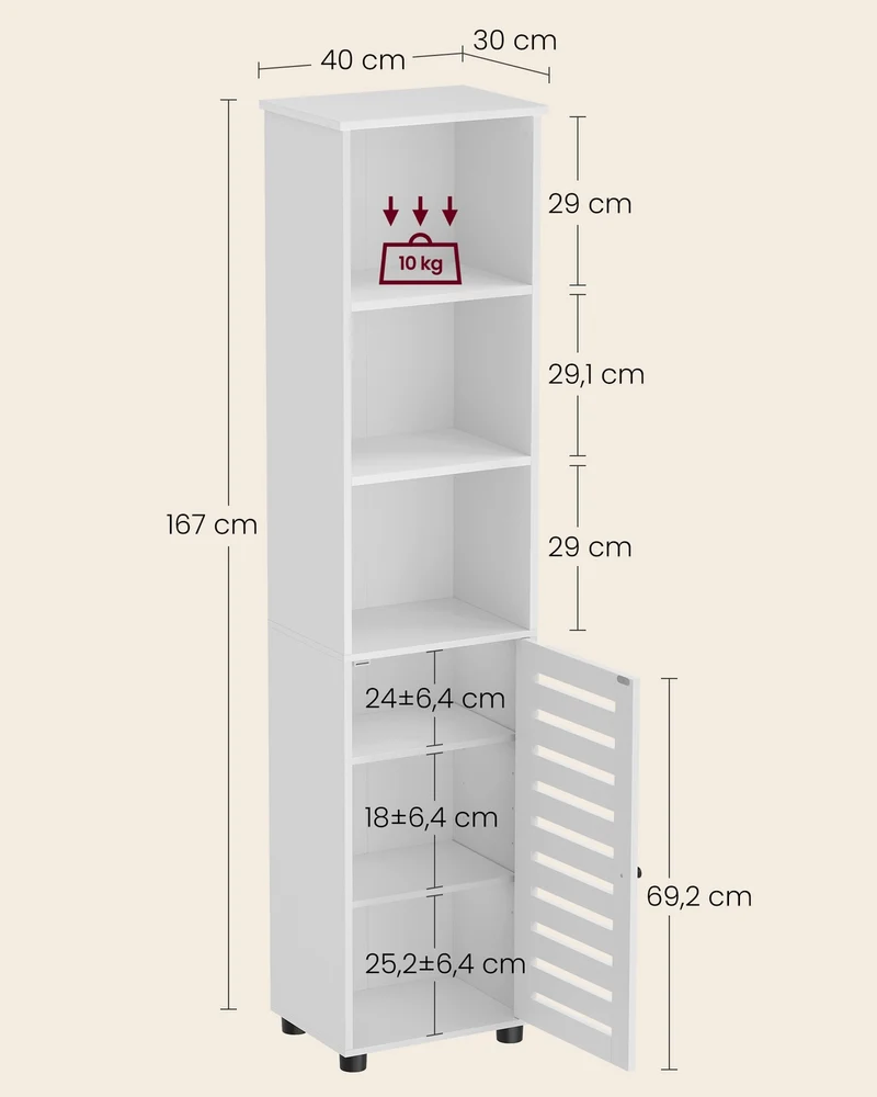 Etagère de rangement haute pour salon cuisine entrée 30 x 40 x 167 cm avec 2 étagères réglables style rustique en aggloméré blanc nuage 12_0009424