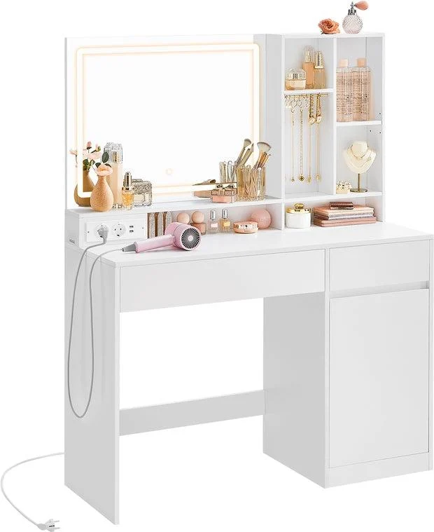 Coiffeuse avec miroir et lumière design moderne rangement pour bijoux 40 x 110 x 138 cm en MDF blanc 12_0012951