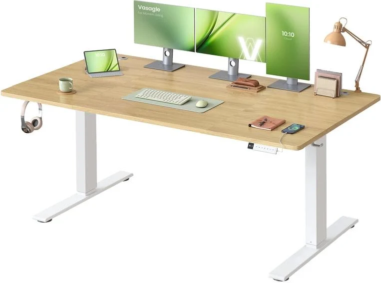 Bureau électrique réglable en hauteur 160 x 80 cm avec port USB-C fonction mémoire 3 hauteurs style rustique en aggloméré chêne naturel 12_0012807