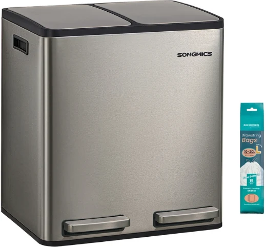 Poubelle de cuisine 2 x 15 litres tri sélectif amovible 41,8 x 35,3 x 45,5 cm en acier inoxydable argent 12_0012541