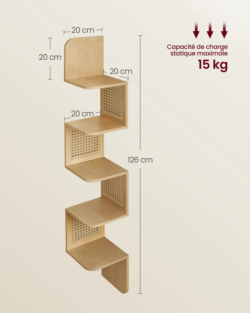 Étagère d'angle murale flottante gain de place 20 x 20 x 126 cm style boho déco moderne en aggloméré chêne beige 12_0011855