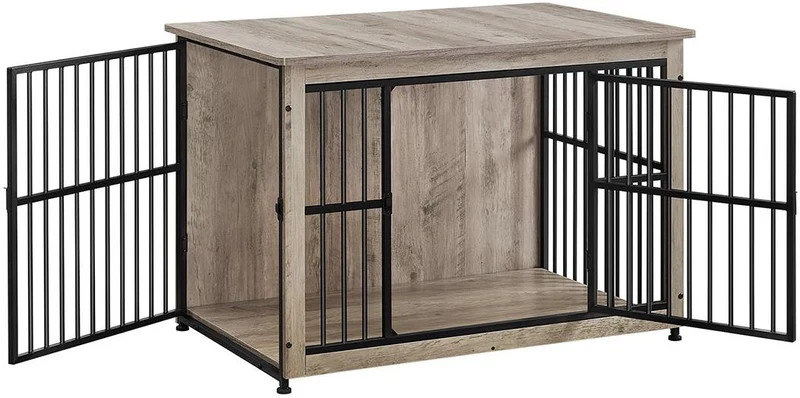 Meuble cage pour chien moderne double porte 98 x 65 x 69 cm solide et spacieux ambiance cosy en aggloméré grège chiné 12_0011385
