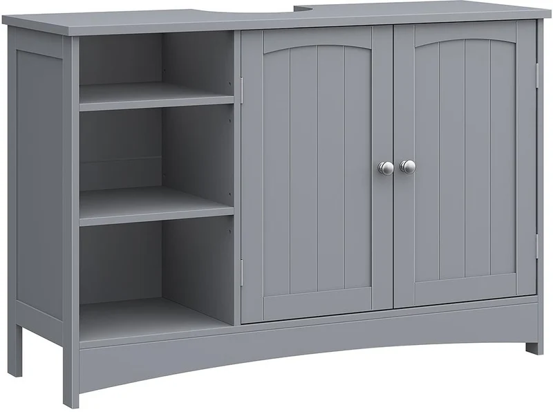 Meuble sous vasque long 90 x 30 x 60 cm 2 portes et étagères réglables salle de bain style contemporain en MDF gris tourterelle 12_0010127
